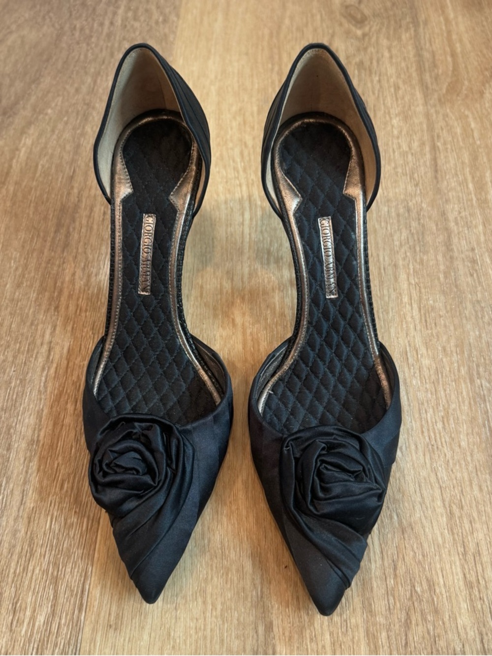 Giorgio Armani Black Satin Pointed-Toe D'Orsay Heels with Rosette